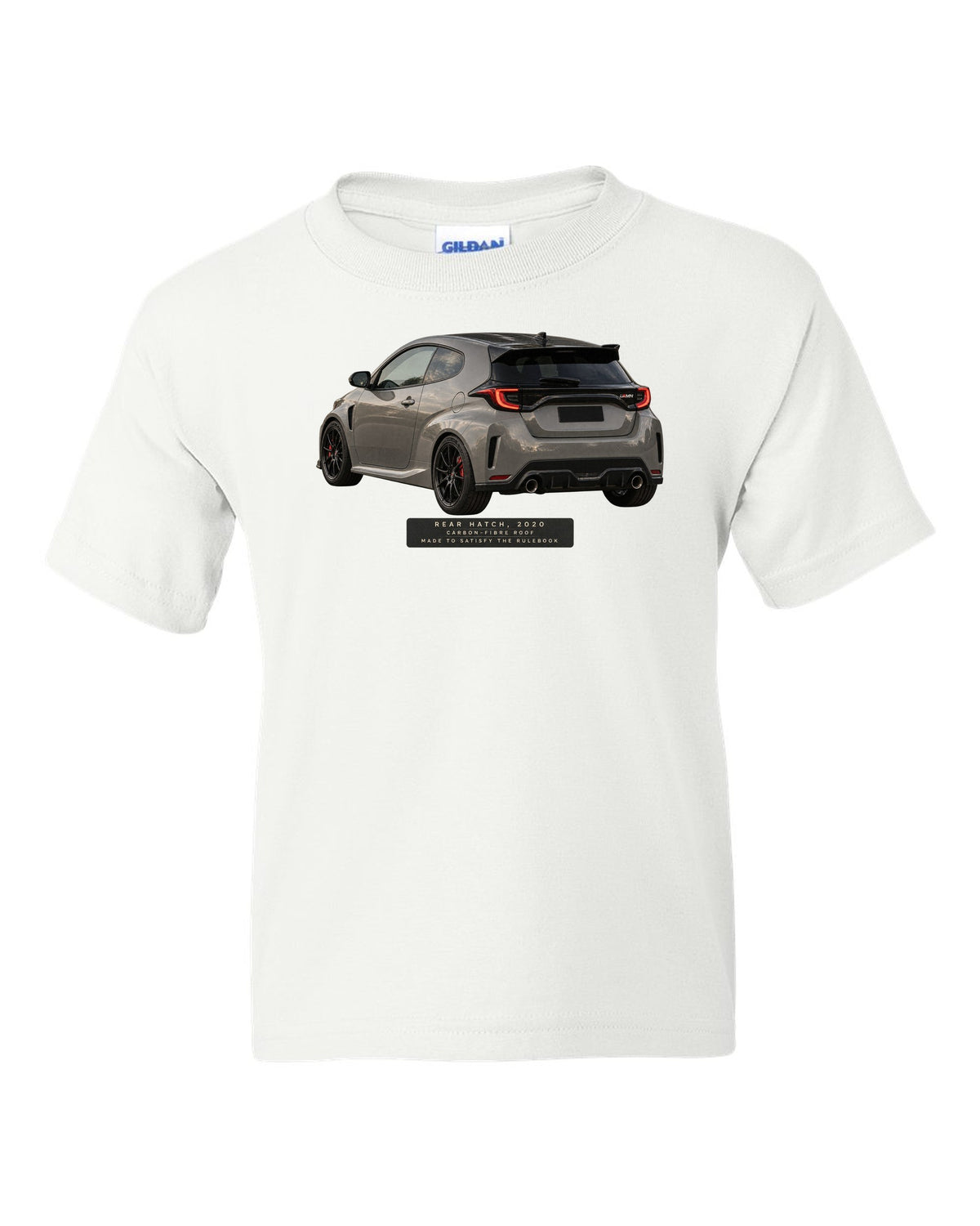 Close-up of a Toyota GR Yaris 2020 rear tailgate and taillight white kids tee front view with the design