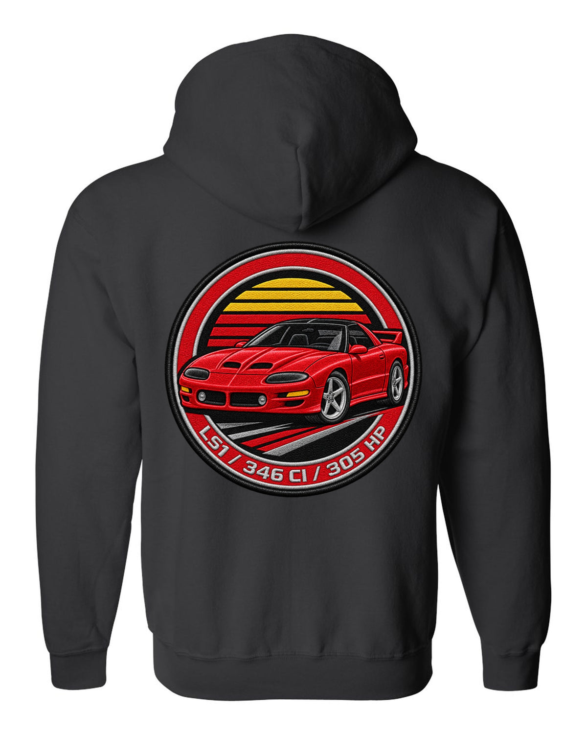 1998 Camaro SS fourth-generation in an embroidery round crest with text LS1 346 CI 305 HP black zip hoodie back view with the design