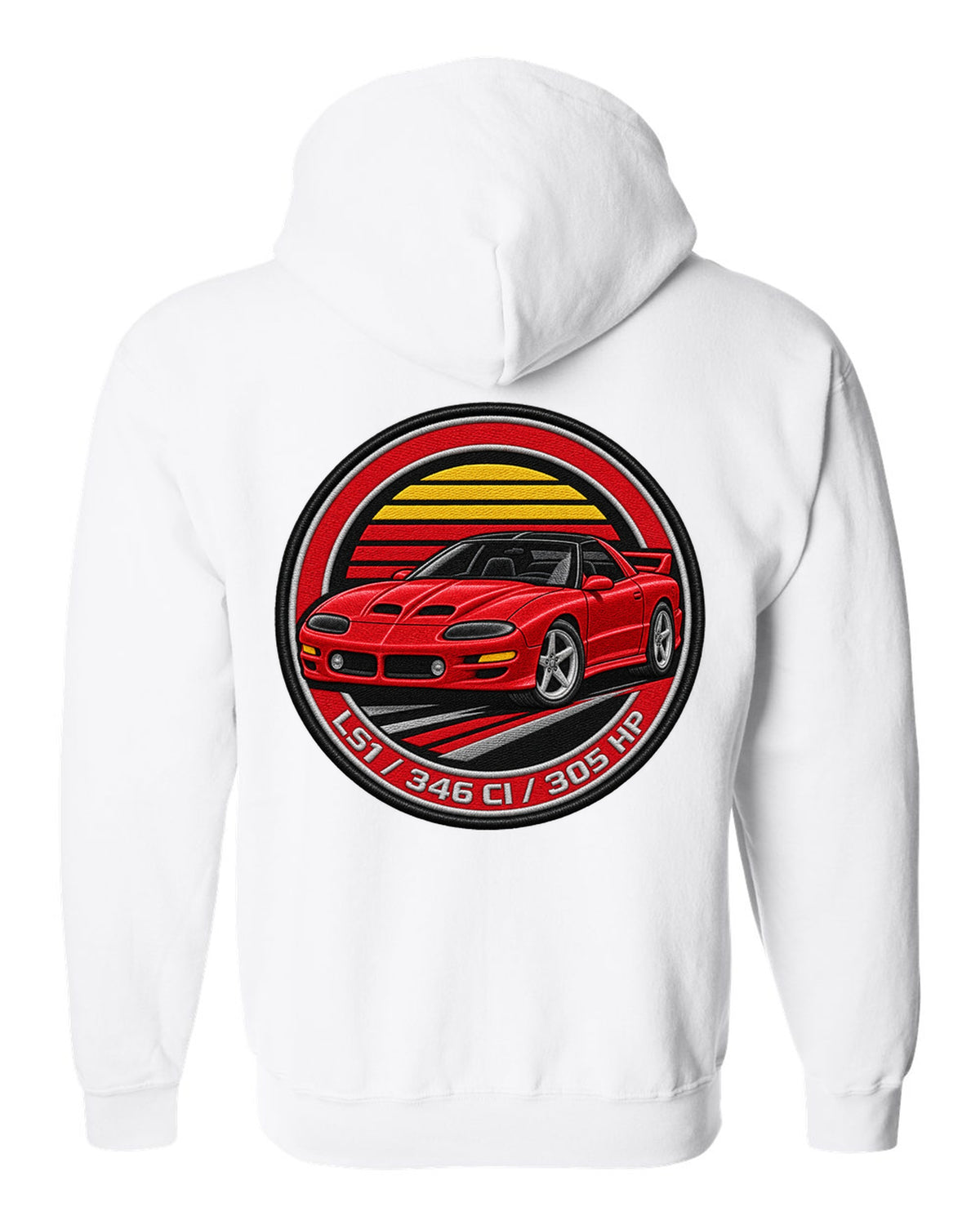 1998 Camaro SS fourth-generation in an embroidery round crest with text LS1 346 CI 305 HP white zip hoodie back view with the design