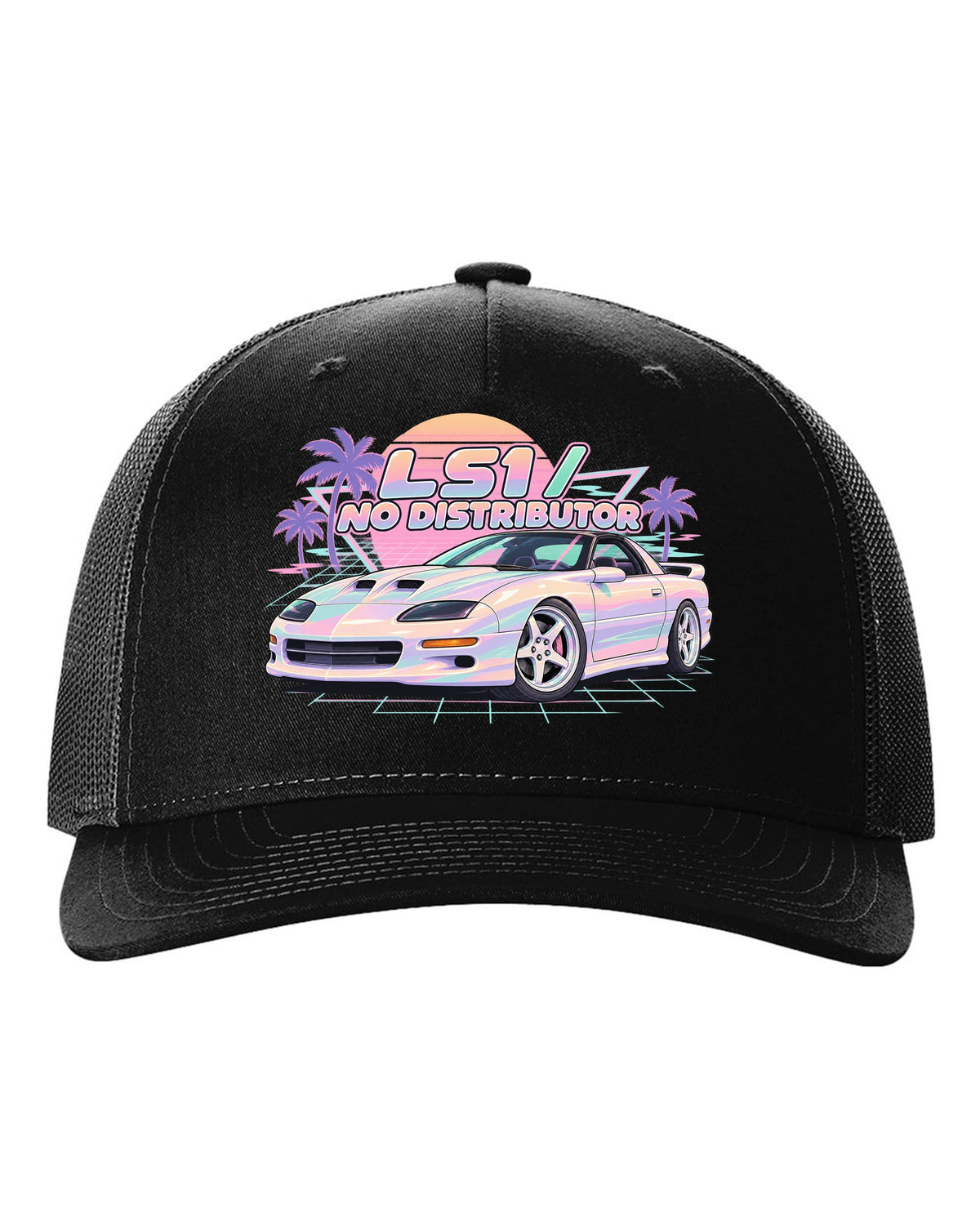 1998 Camaro SS fourth-generation on a pastel vaporwave grid with the text LS1 No Distributor black hat front view with the design