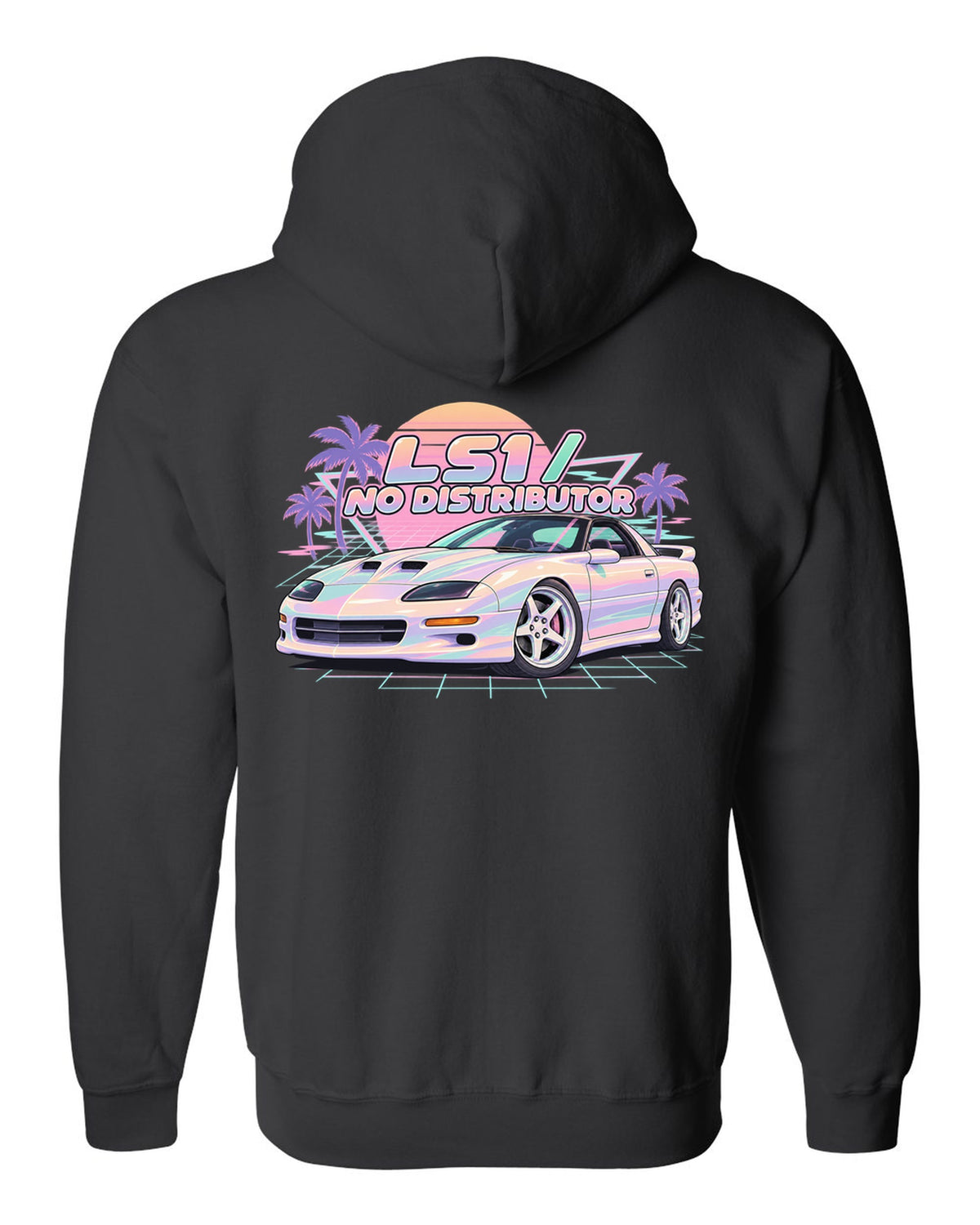 1998 Camaro SS fourth-generation on a pastel vaporwave grid with the text LS1 No Distributor black zip hoodie back view with the design