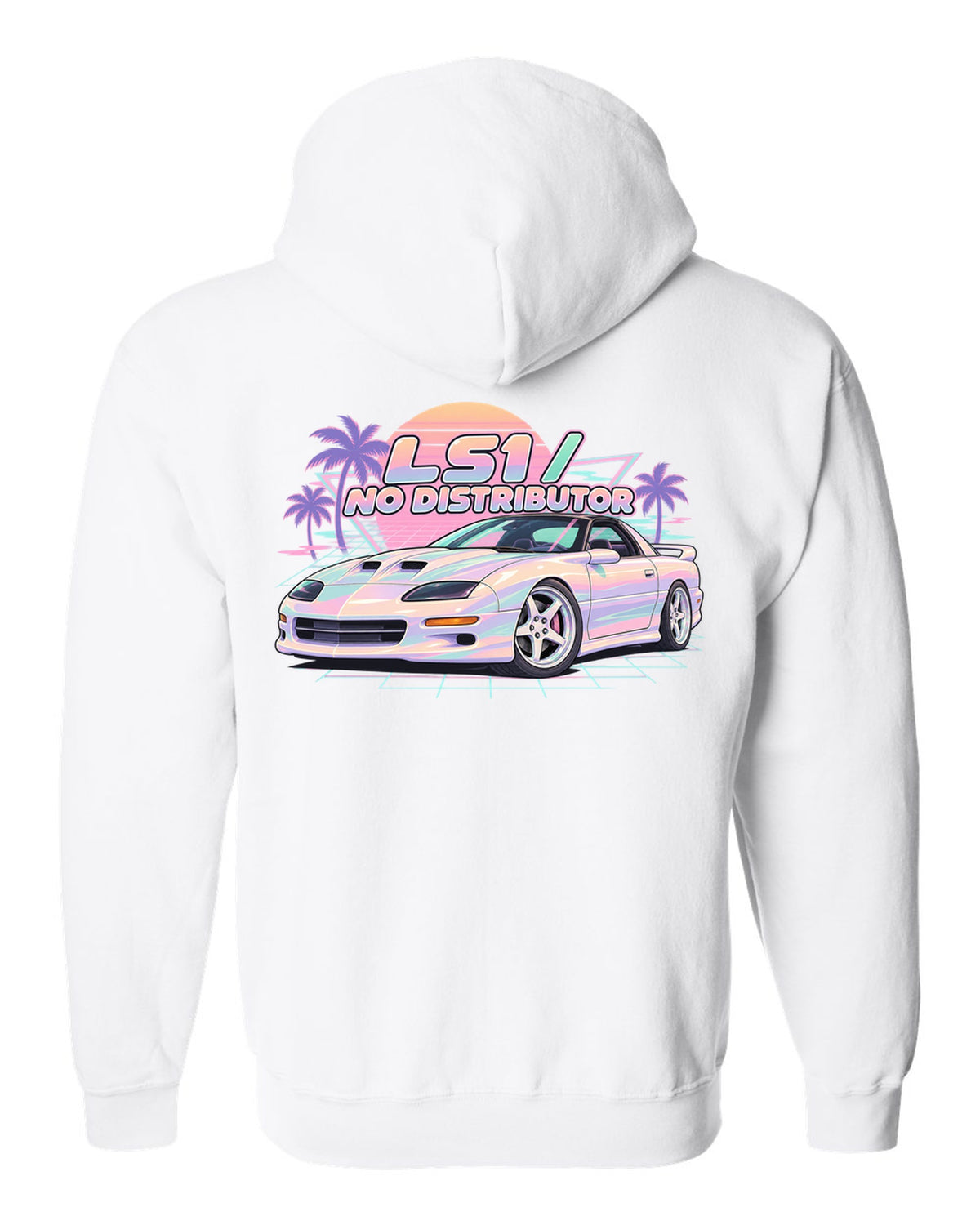 1998 Camaro SS fourth-generation on a pastel vaporwave grid with the text LS1 No Distributor white zip hoodie back view with the design