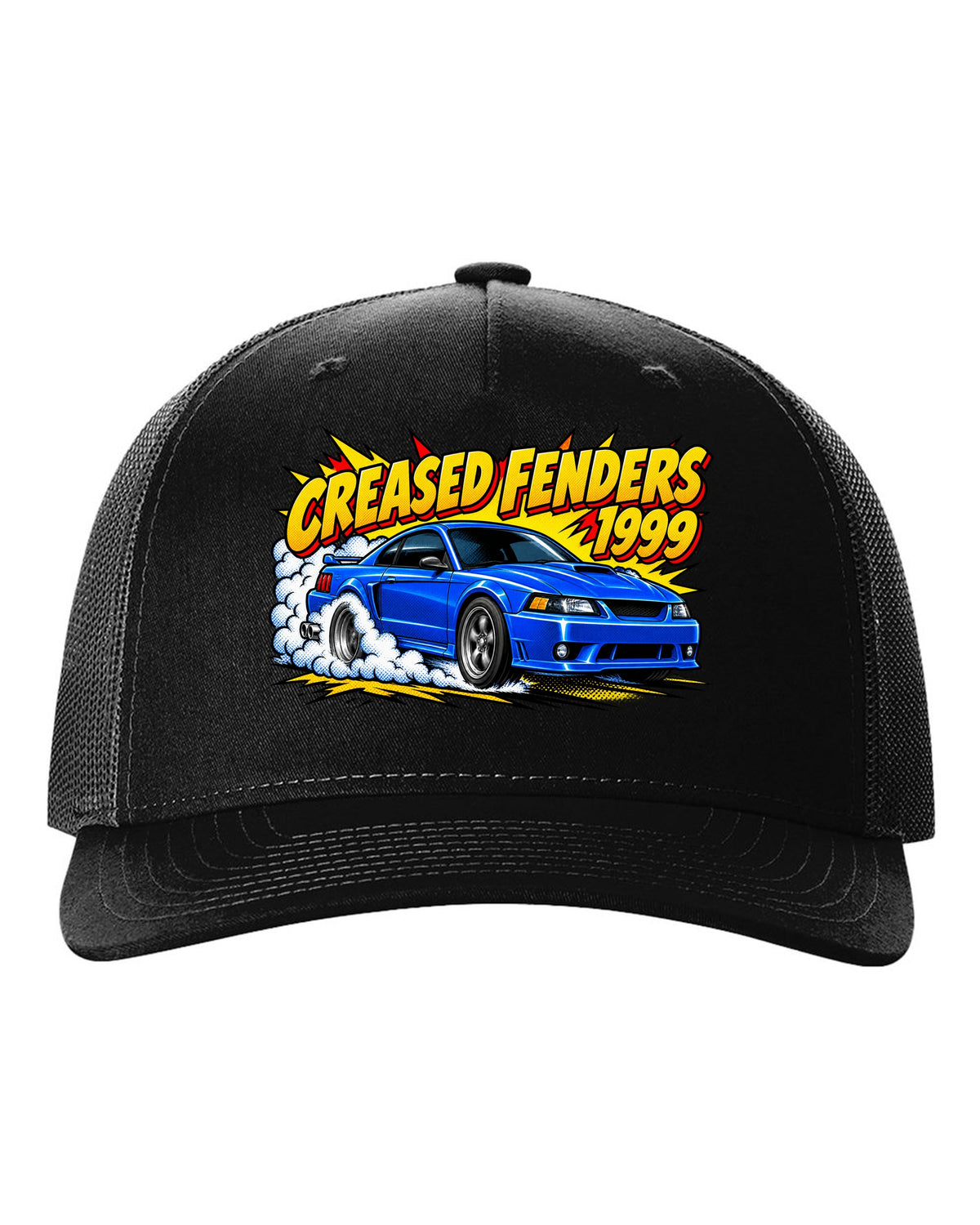 Comic halftone pop art 1999-2004 New Edge Ford Mustang coupe with burnout smoke black hat front view with the design