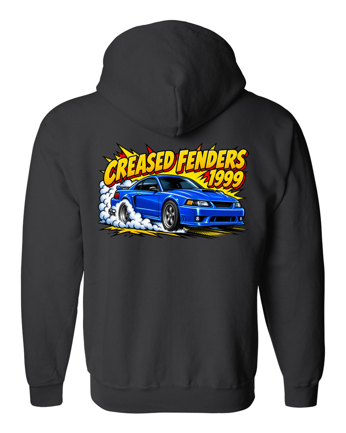 Comic halftone pop art 1999-2004 New Edge Ford Mustang coupe with burnout smoke black zip hoodie back view with the design