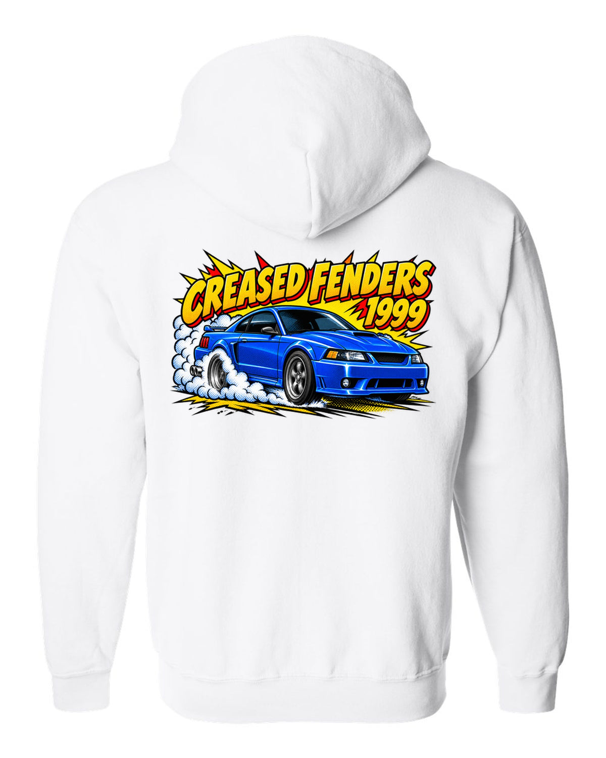Comic halftone pop art 1999-2004 New Edge Ford Mustang coupe with burnout smoke white zip hoodie back view with the design