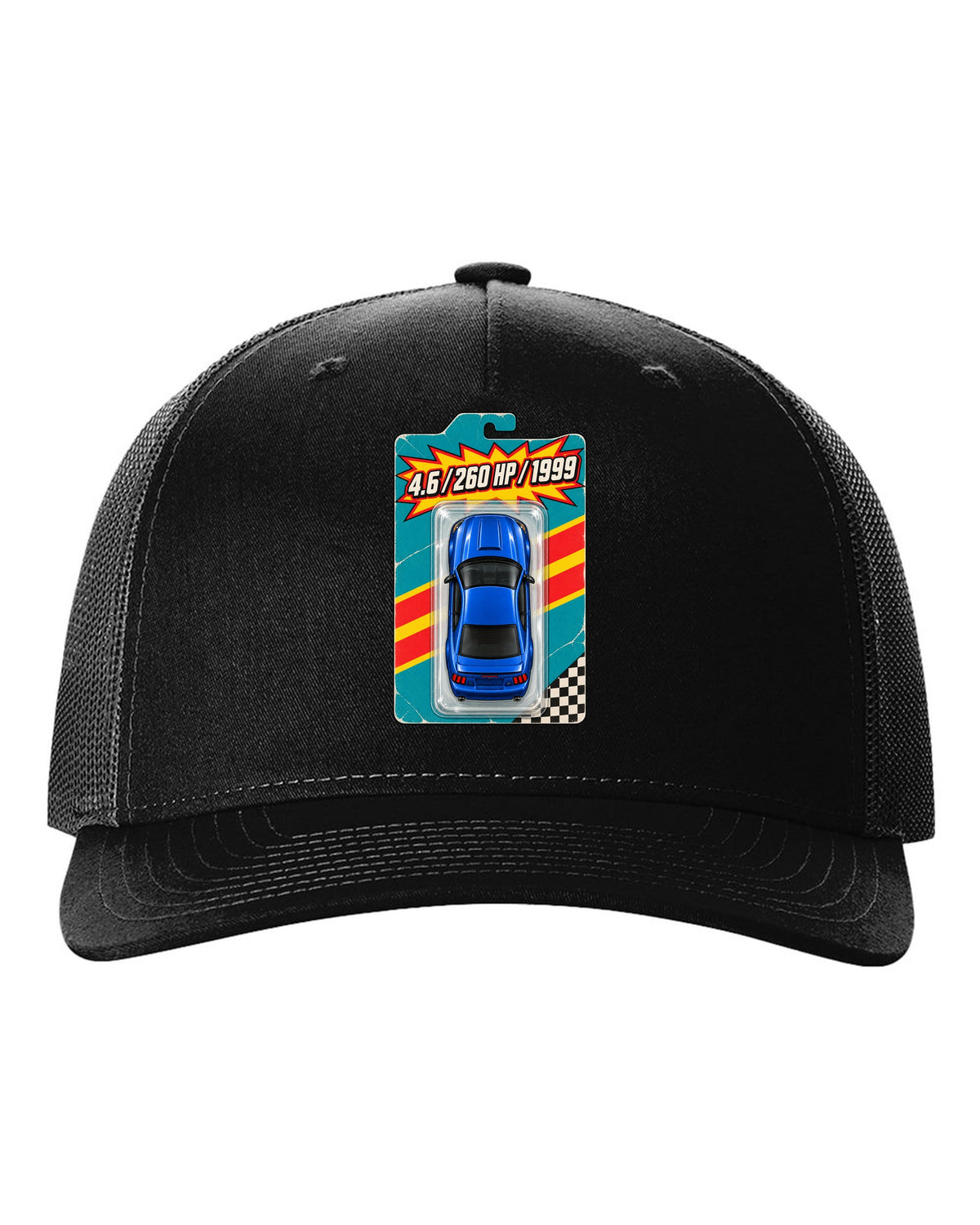Toy blister card layout of a 1999-2004 New Edge Ford Mustang coupe with 4.6 260 HP text black hat front view with the design