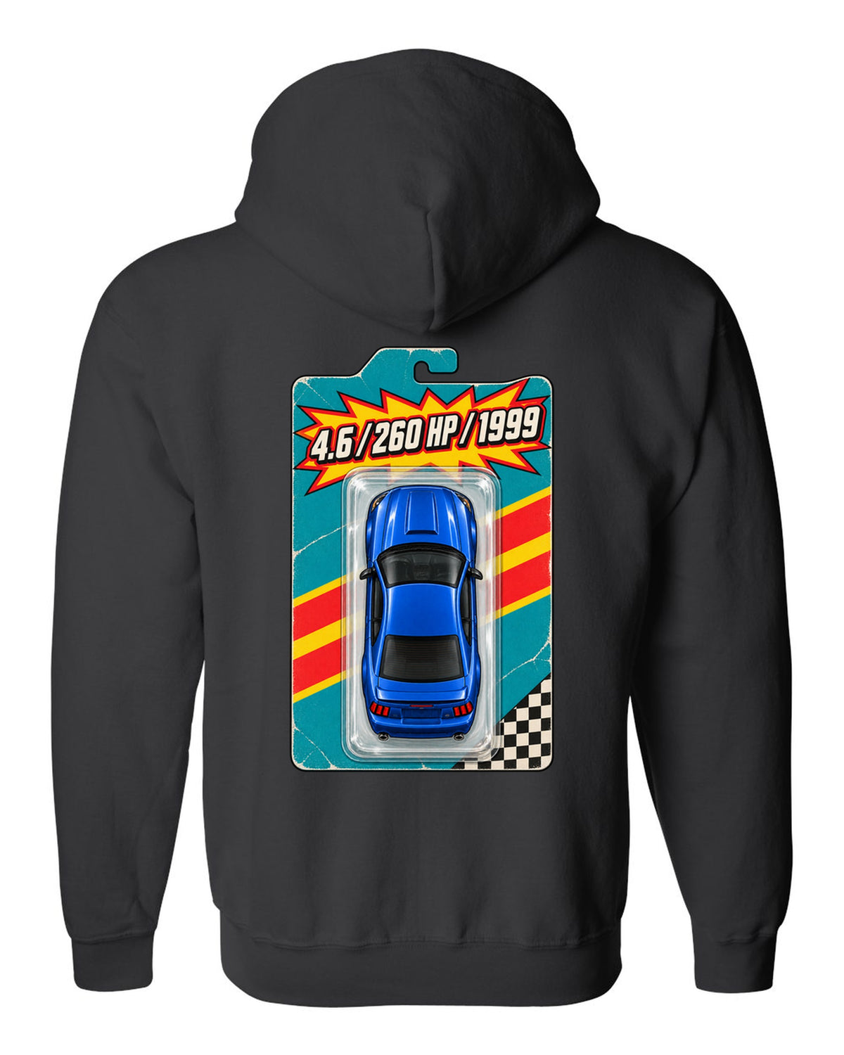 Toy blister card layout of a 1999-2004 New Edge Ford Mustang coupe with 4.6 260 HP text black zip hoodie back view with the design