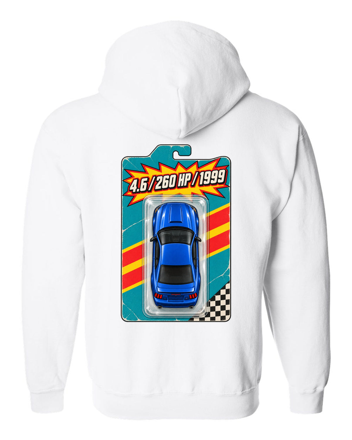Toy blister card layout of a 1999-2004 New Edge Ford Mustang coupe with 4.6 260 HP text white zip hoodie back view with the design