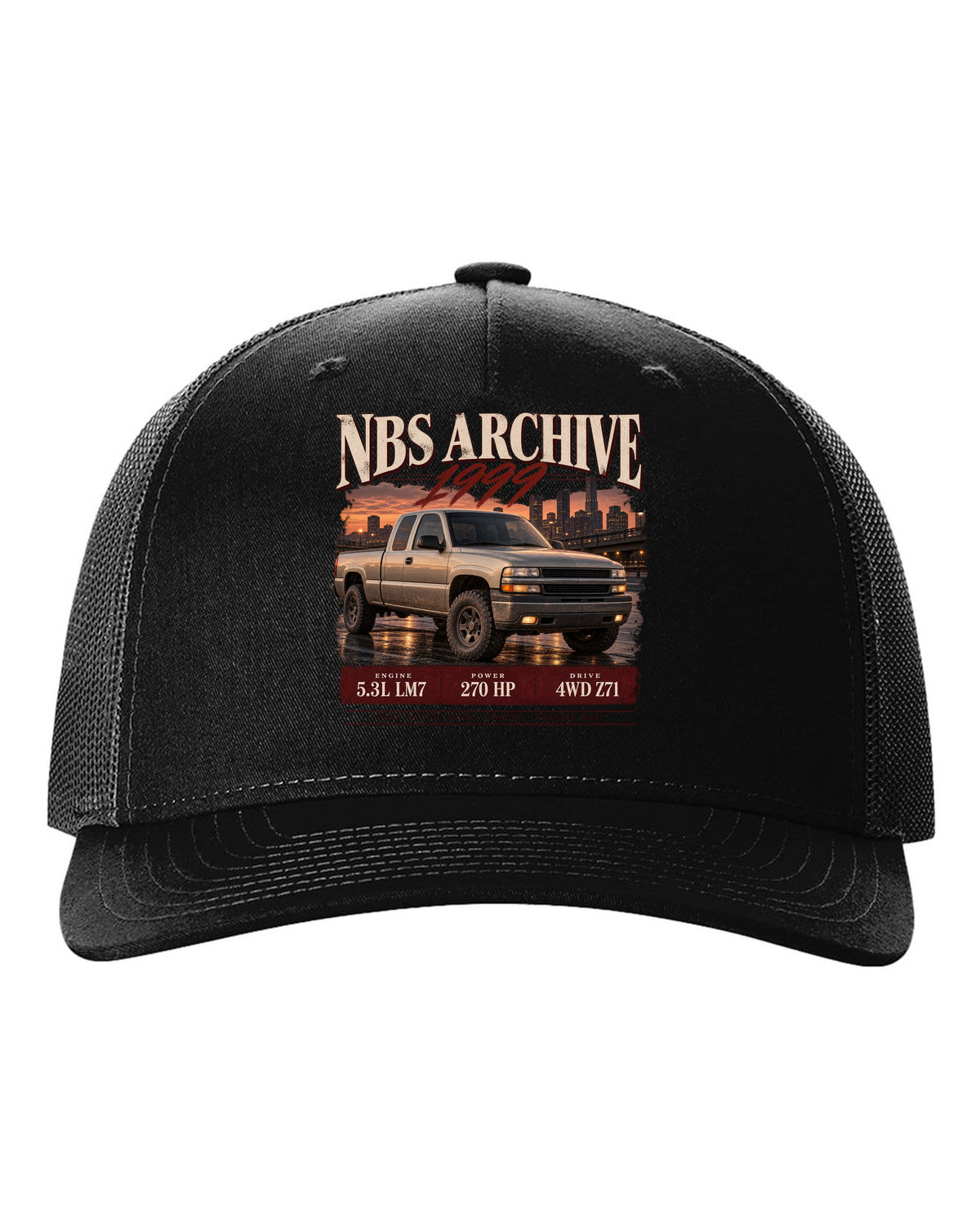 1999 Chevy Silverado NBS archive panel print black hat front view with the design