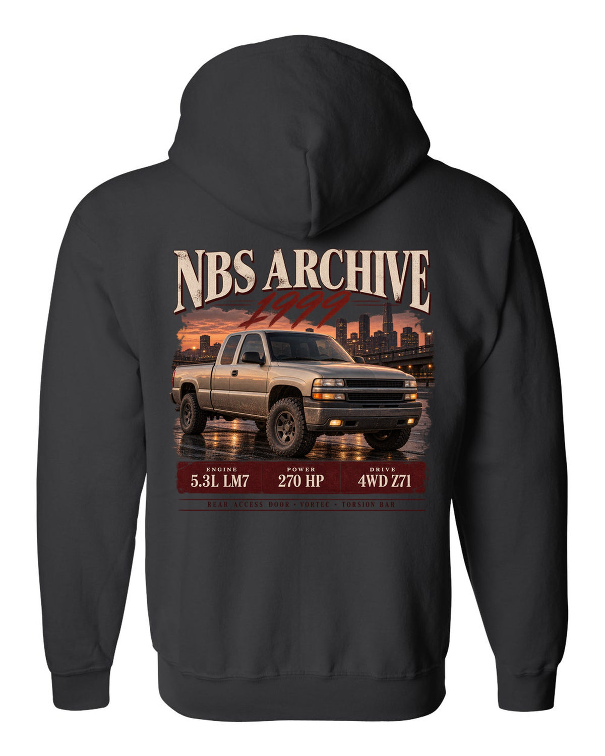 1999 Chevy Silverado NBS archive panel print black zip hoodie back view with the design