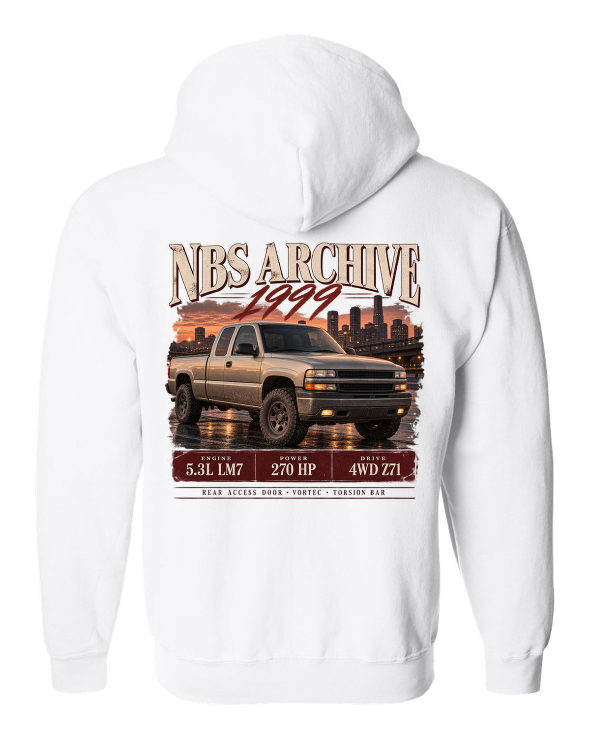1999 Chevy Silverado NBS archive panel print white zip hoodie back view with the design