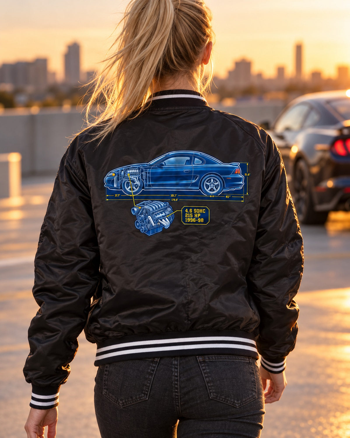 Ford Mustang SN95 Coupe Cyanotype Draft Shirt, 1996-98 4.6 Bomber Jacket Black worn hero