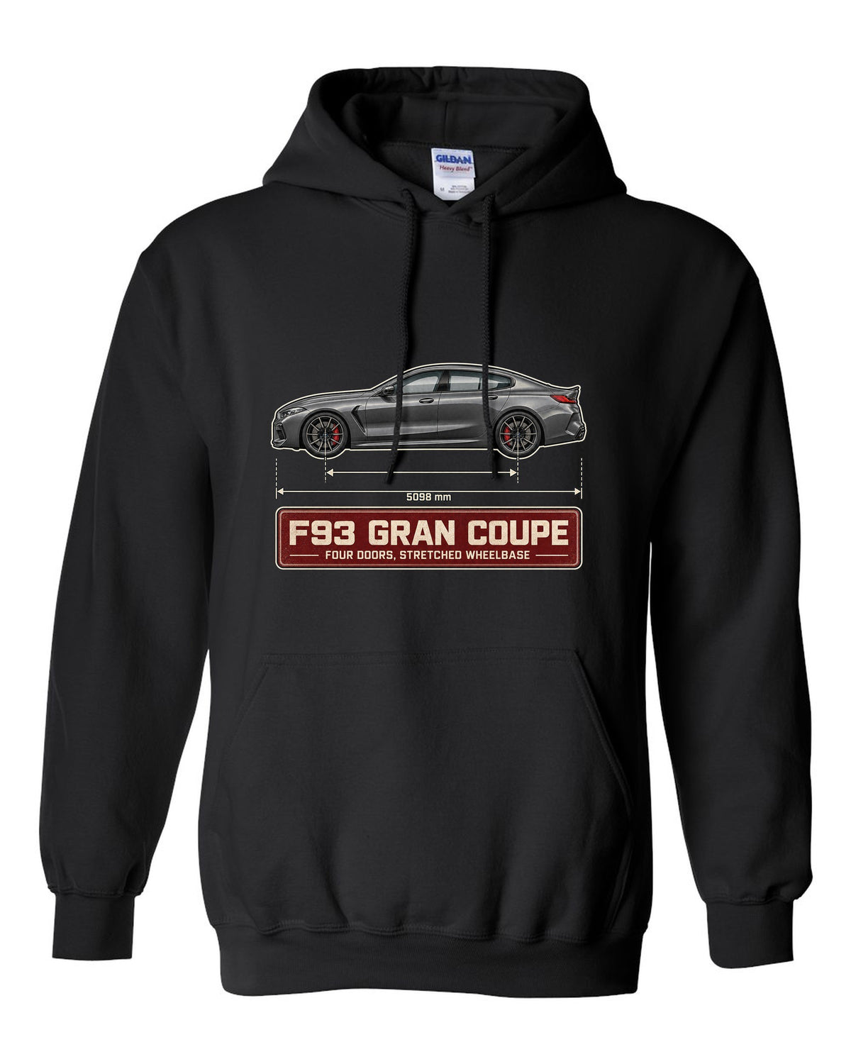 BMW M8 Competition Gran Coupe F93 blueprint print on a tee black pull over hoodie front view with the design