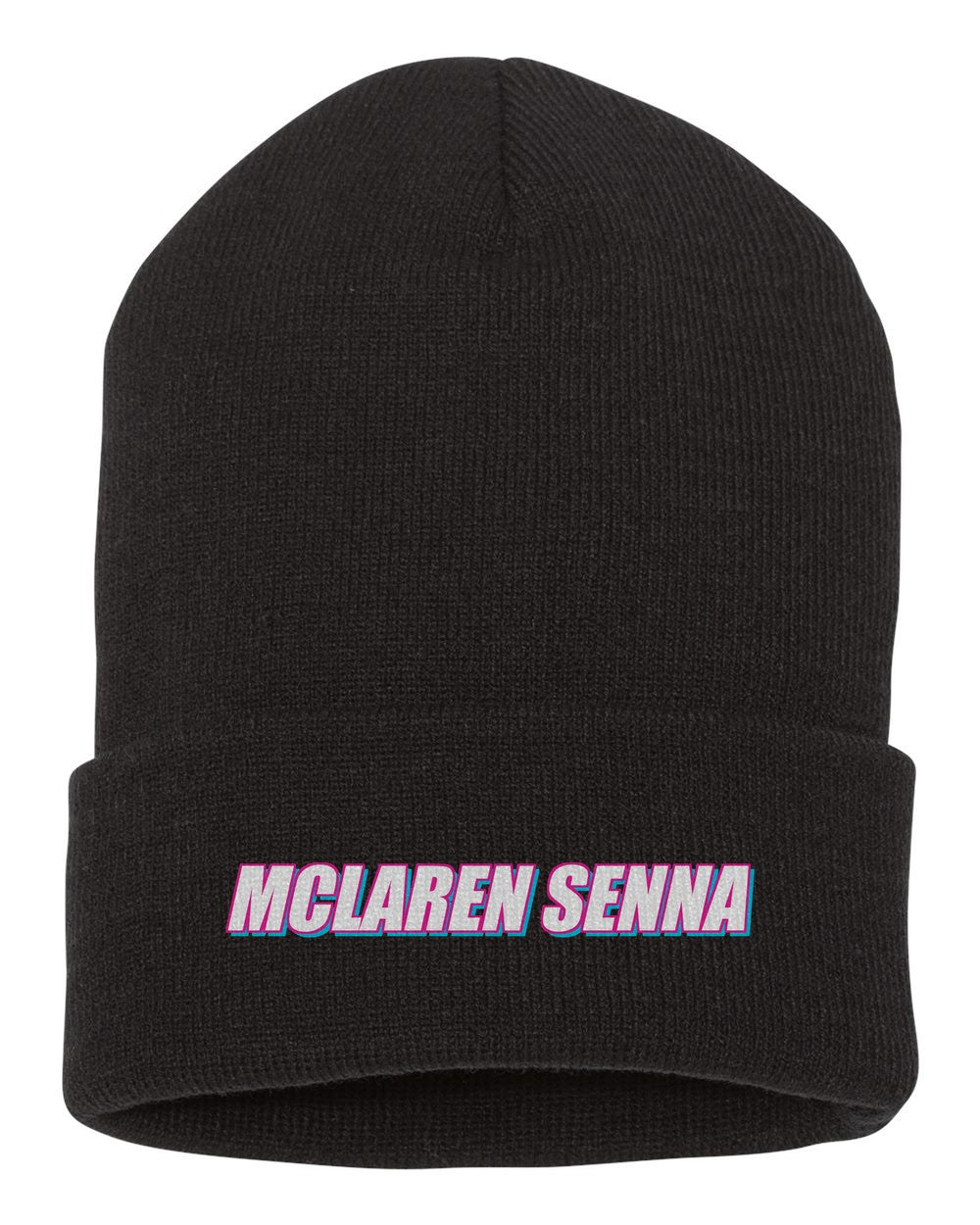 Mclaren Senna black beanie front view with car name
