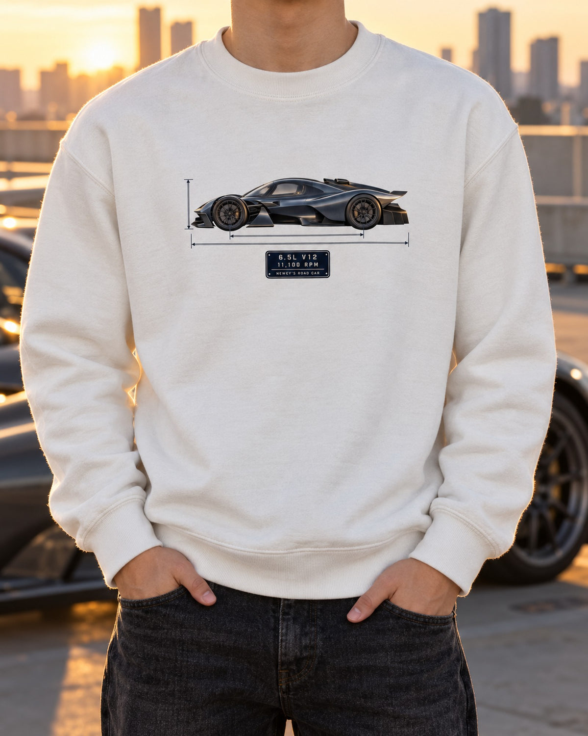 Aston Martin Valkyrie 2021 Blueprint Shirt, 6.5 V12 Car Guy Gift Crewneck White worn hero