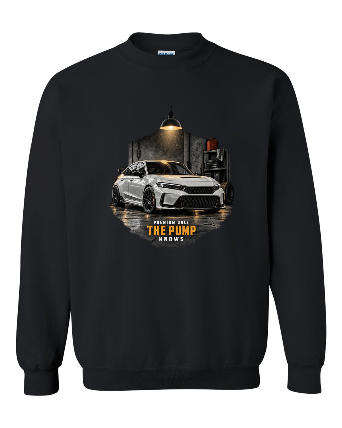 Honda Civic FL5 chback garage night design with premium only 98 octane text black crewneck front view with the design