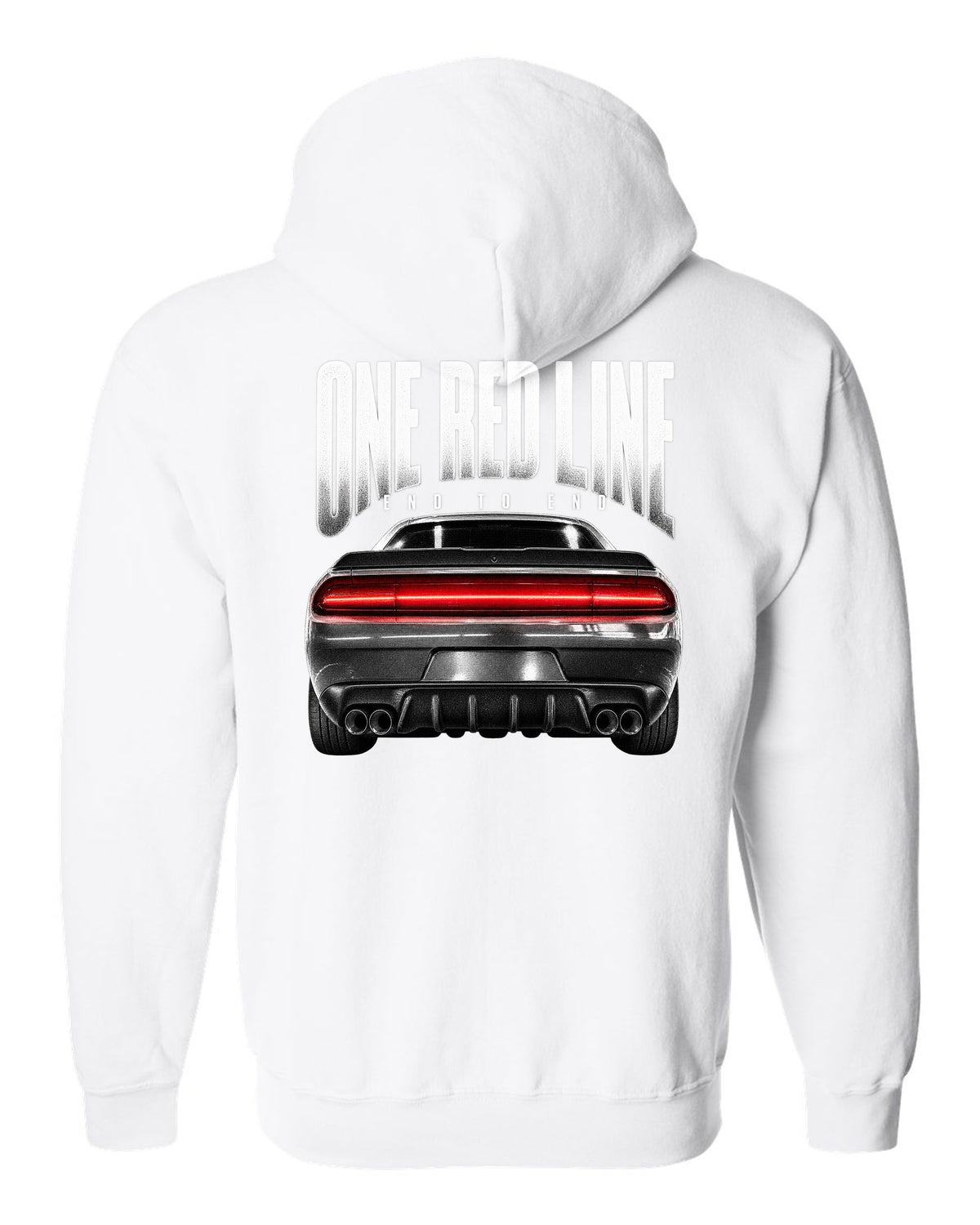 Taillight macro print of a 2015 Dodge Challenger Scat Pack with a single red line white zip hoodie back view with the design