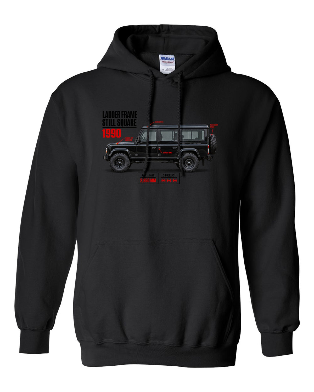 print spec poster of a Mercedes G-Class W463 with text ladder frame, 1990, still square black pull over hoodie front view with the design
