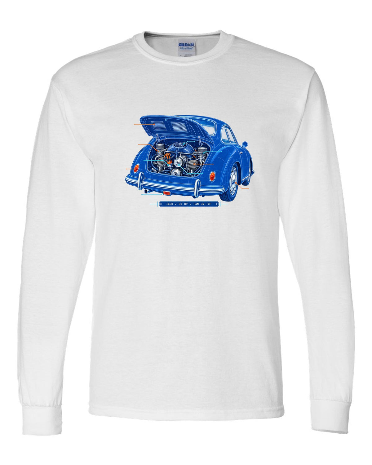Linocut print of a 1978 Porsche 911 SC Targa in a night garage with the text SC Targa, 180 PS and 3.0 white long sleeve front view with the design