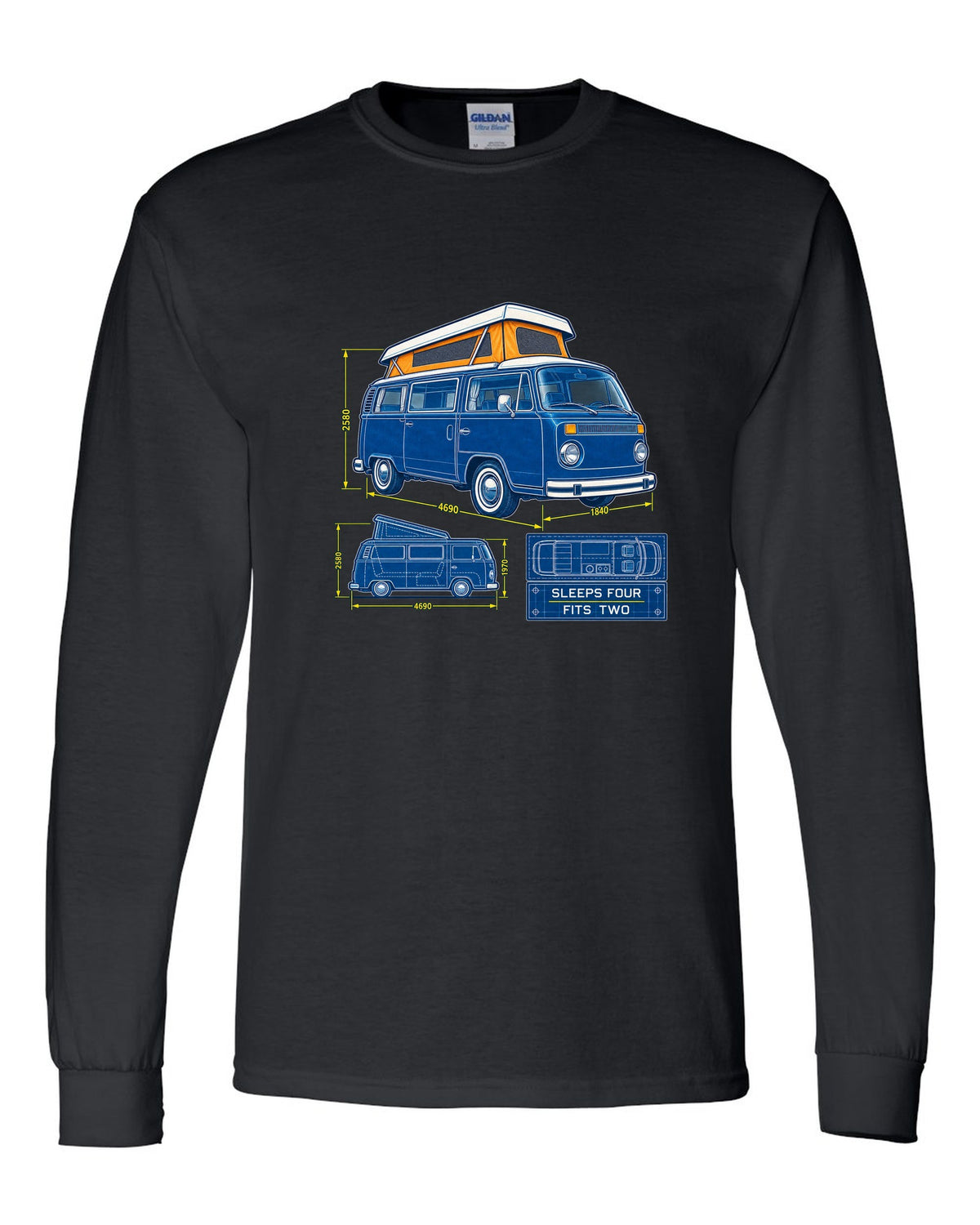 Cyanotype negative blueprint of a VW Bay Window T2 camper with sleeps four fits two text black long sleeve front view with the design