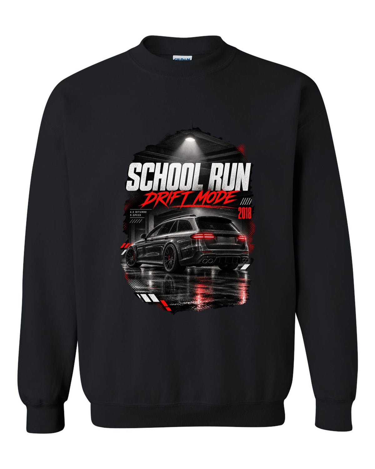 print of a Mercedes E63 S wagon S213 in a night garage with the text School Run / Drift Mode black crewneck front view with the design