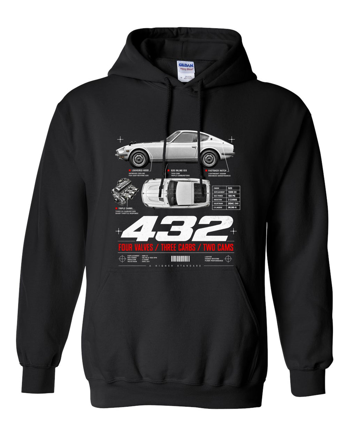 print spec poster of a 1970 Datsun Fairlady Z432 PS30 in profile and top-down view black pull over hoodie front view with the design