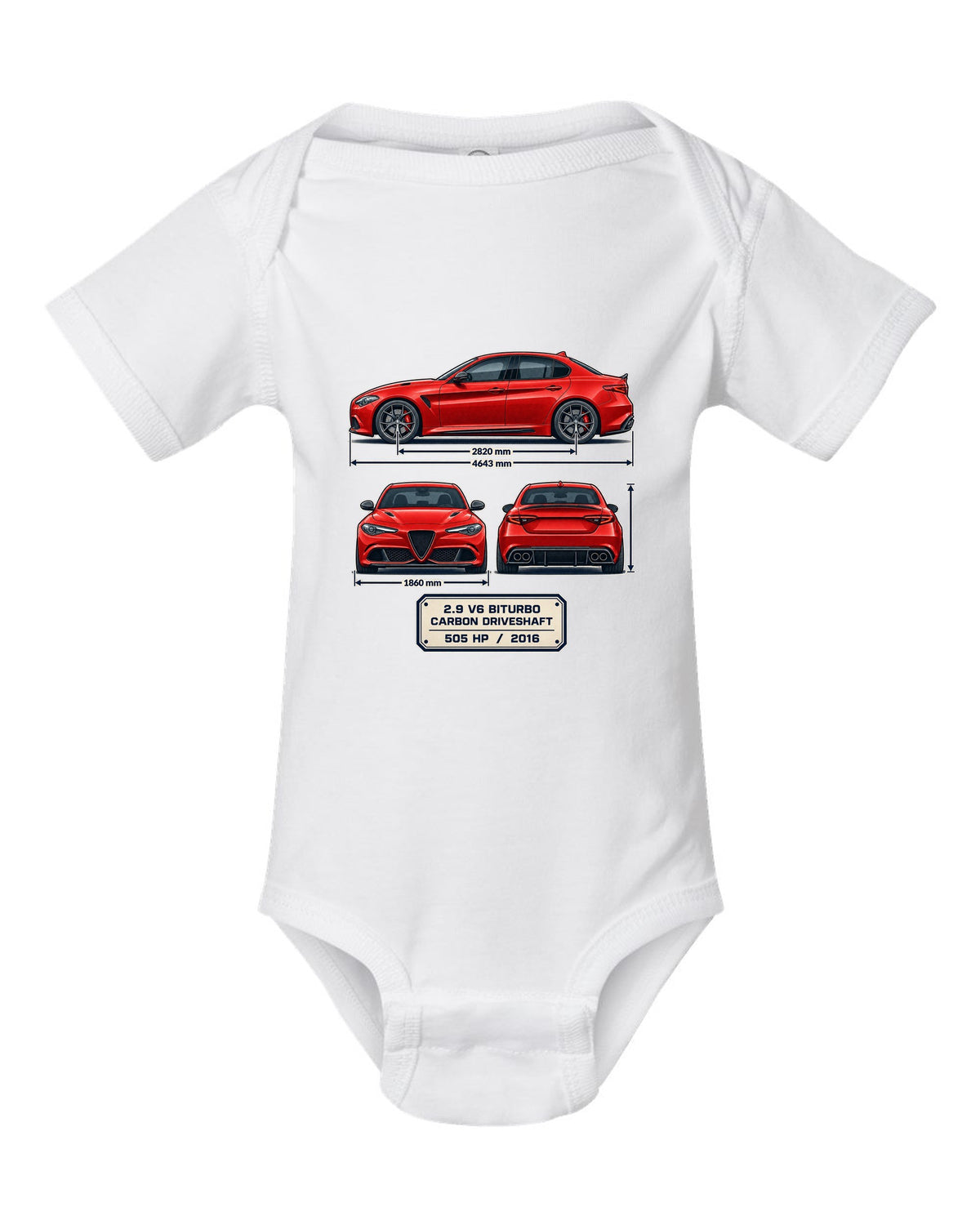 Alfa Romeo Giulia Quadrifoglio three-view spec print white baby onesie front view with the design