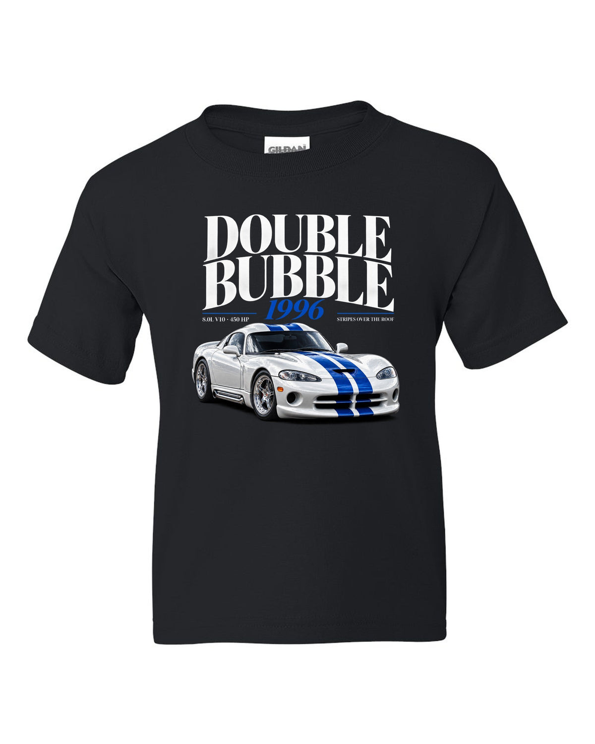 Editorial headline print of a 1996 Dodge Viper GTS SR II with double bubble and 8.0L V10 text black kids tee front view with the design