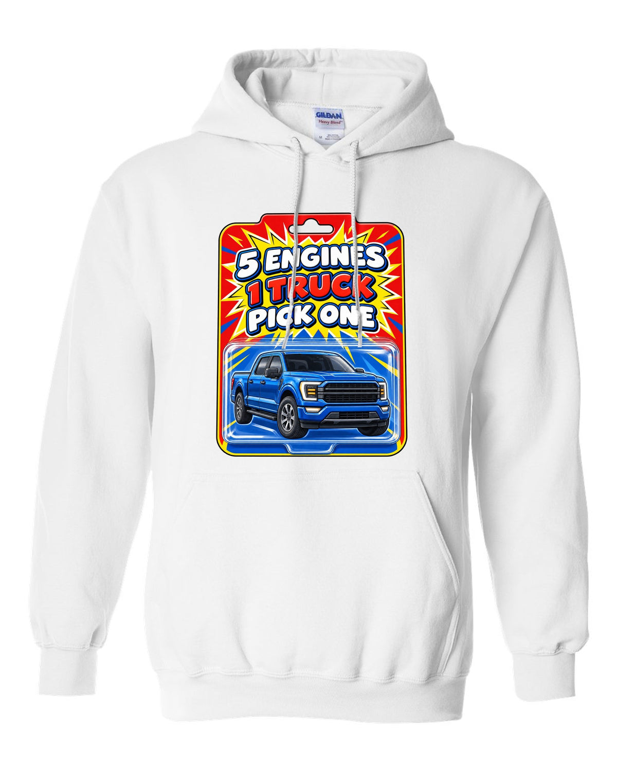 Toy card style print of a 2021 Ford F-150 P702 with five engines one truck text white pull over hoodie front view with the design
