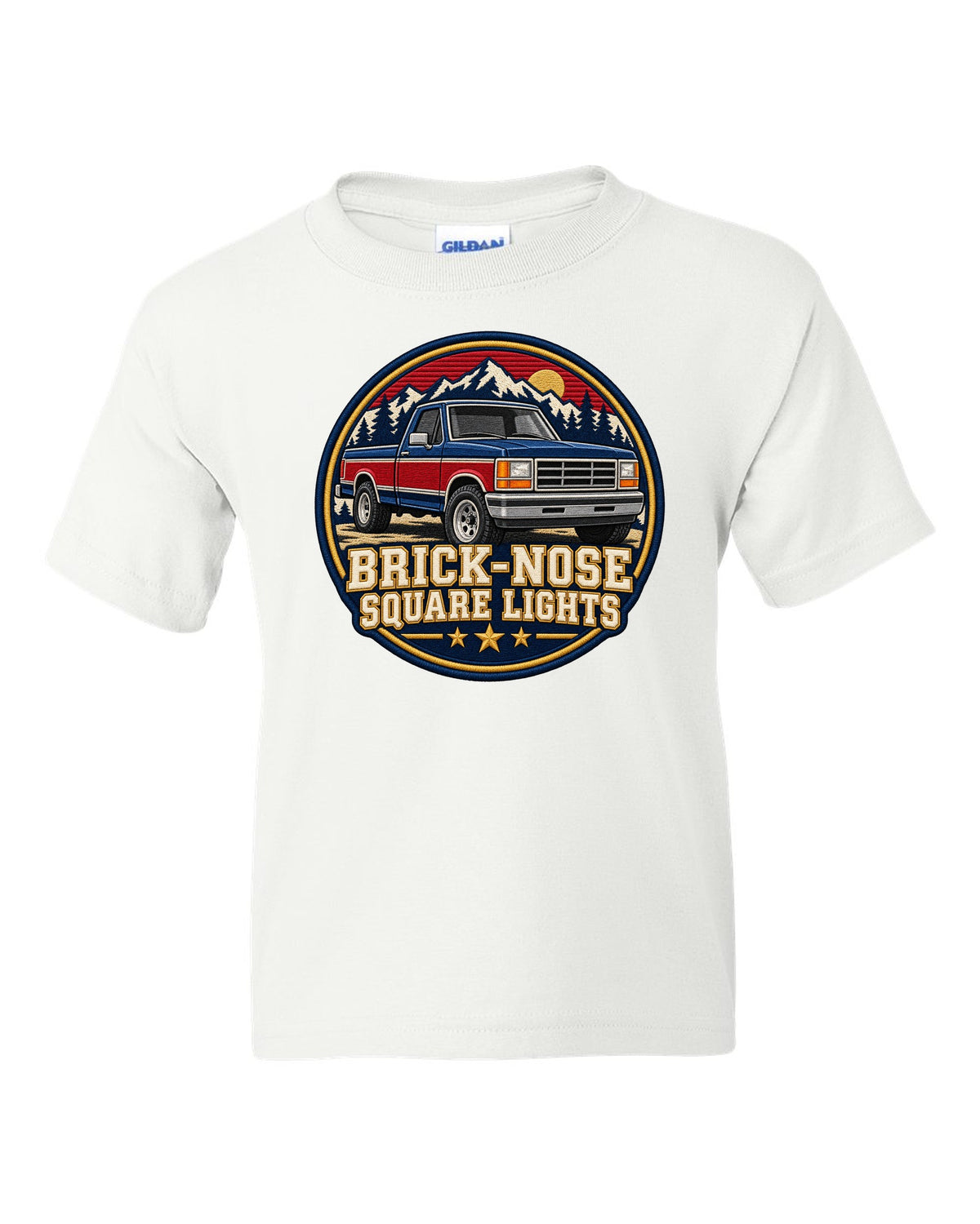 Shield crest print for a 1987-91 Ford F-150 Brick-Nose with square lights text white kids tee front view with the design