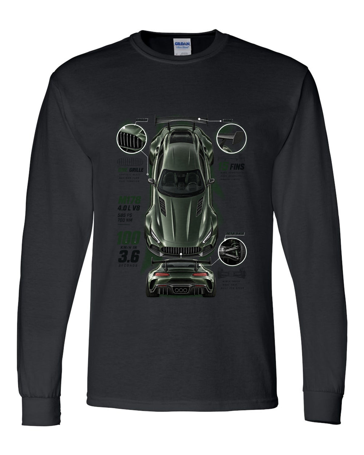 Spec poster print of a Mercedes-AMG GT R C190 with 100 km/h in 3.6 and 15 fins lettering black long sleeve front view with the design