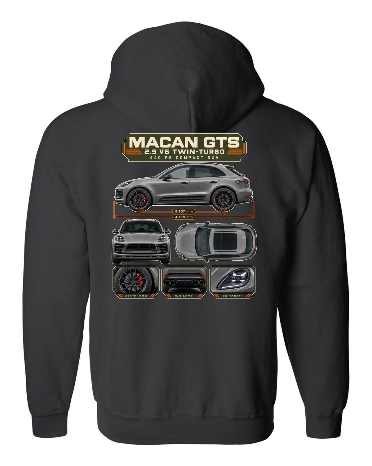 Porsche Macan GTS 95B Dossier Tee, 2.9 V6 Twin-Turbo black zip hoodie back view with the design