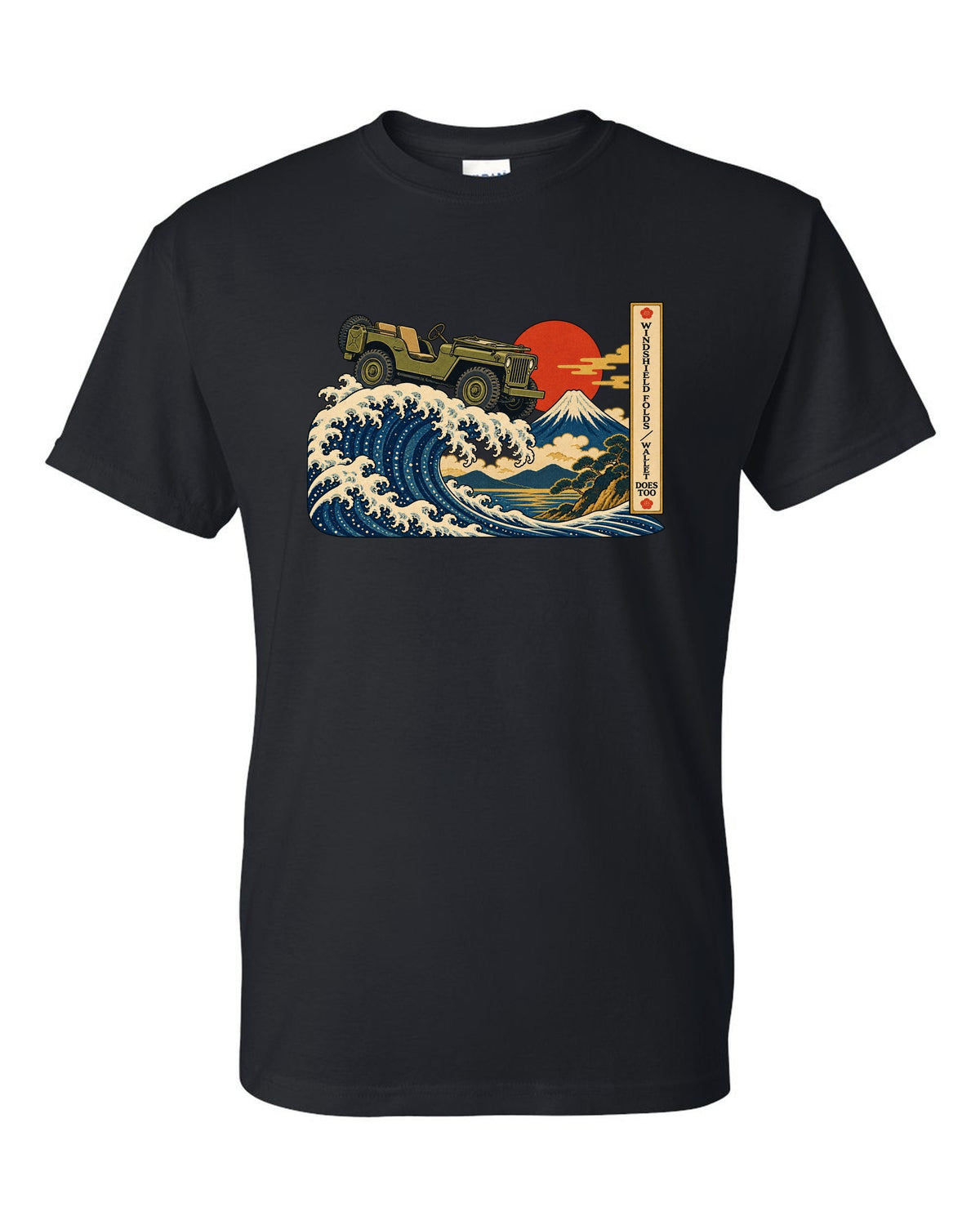 Ukiyo-e woodblock great wave print of a Willys MB with windshield joke text black t-shirt front view with the design