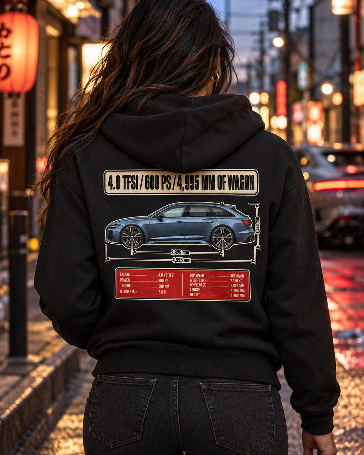Audi RS6 Avant C8 Blueprint Profile Shirt, 4.0 TFSI Zip Hoodie Black worn hero