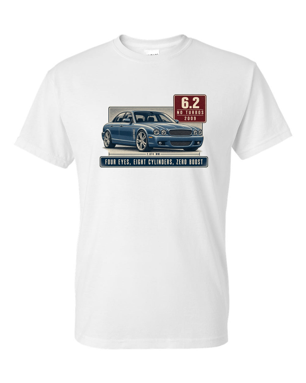 Editorial headline print of a silver-blue Mercedes-AMG E63 W212 pre-facelift white t-shirt front view with the design