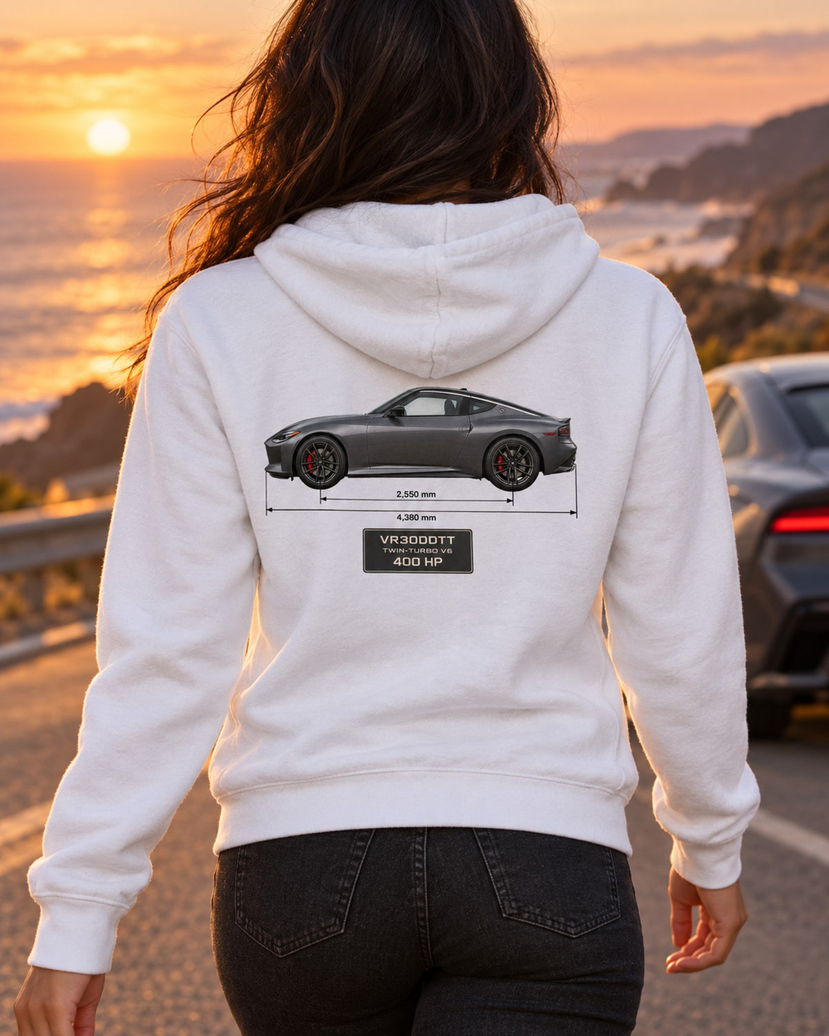 2024 Nissan Z NISMO Spec Panel Shirt, Dossier Print Zip Hoodie White worn hero