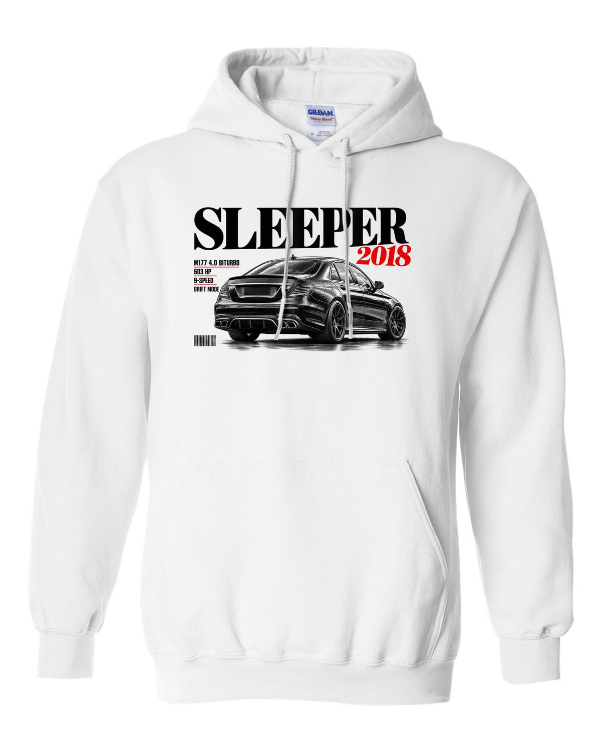 print editorial headline of a Mercedes W213 E63 S M177 with text Sleeper 2018 4.0 Biturbo 603 HP white pull over hoodie front view with the design