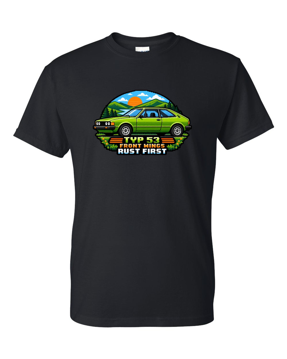 8/16-bit pixel art of a VW Scirocco Mk1 Typ 53 with front wings rust first text black t-shirt front view with the design