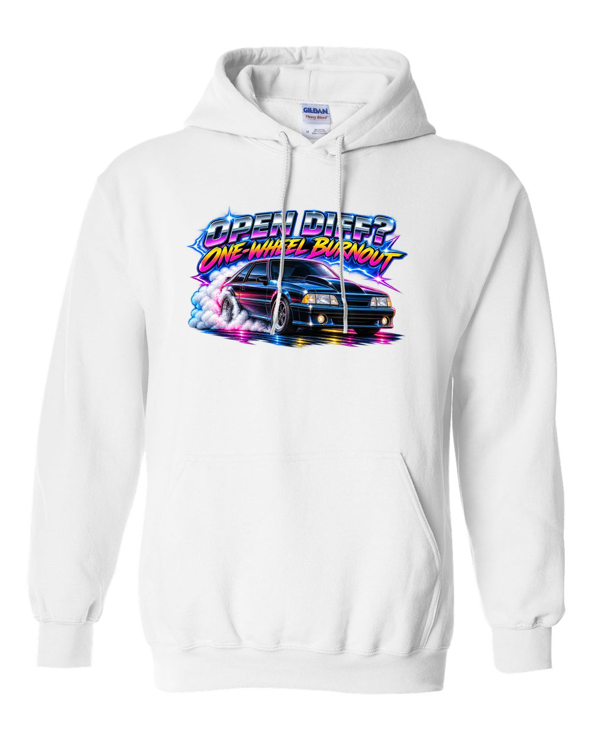 80s airbrush chrome print of a Ford Mustang Fox Body GT chback with a one-wheel burnout white pull over hoodie front view with the design