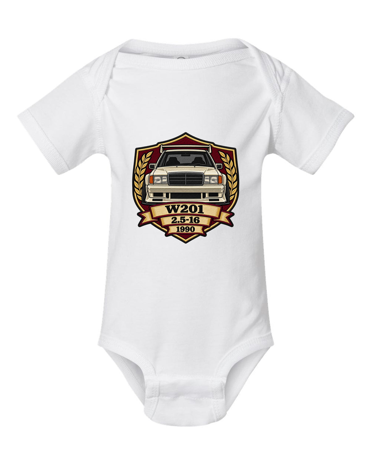 Embroidery-style shield crest print of a Mercedes-Benz 190E Evo II W201, 2.5-16, 1990 white baby onesie front view with the design