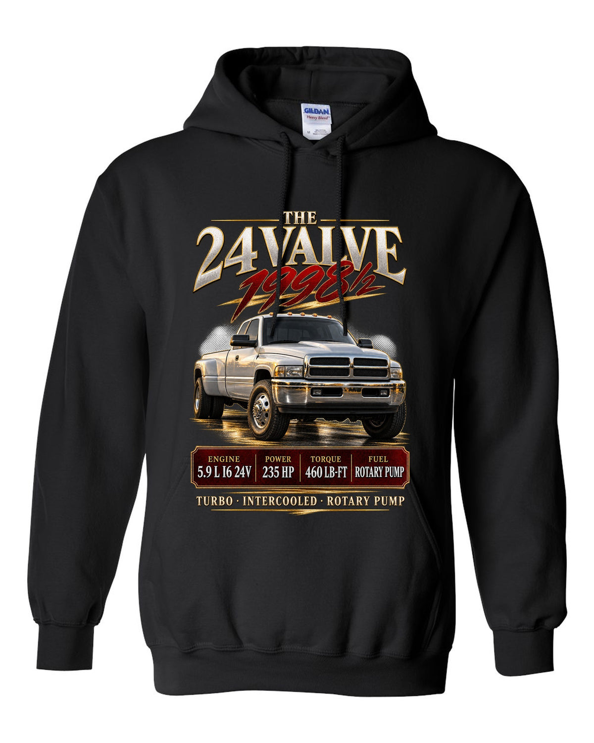 Archive panel of a 1998.5-2002 Ram 2500 2nd gen 24V with 235 HP and 460 lb-ft black pull over hoodie front view with the design