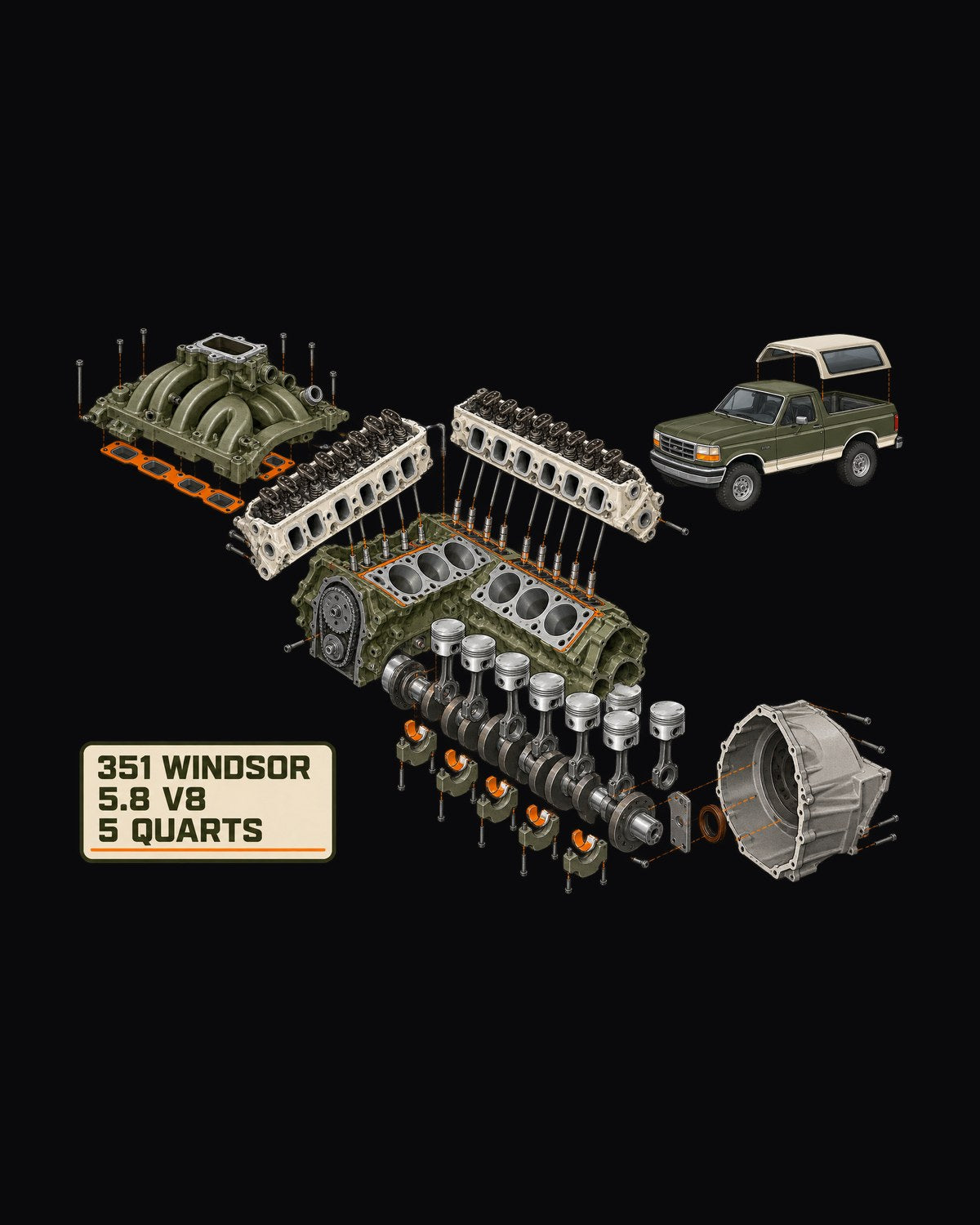 1992-96 Ford Bronco OBS Engine Bay Cutaway Diagram Shirt design only