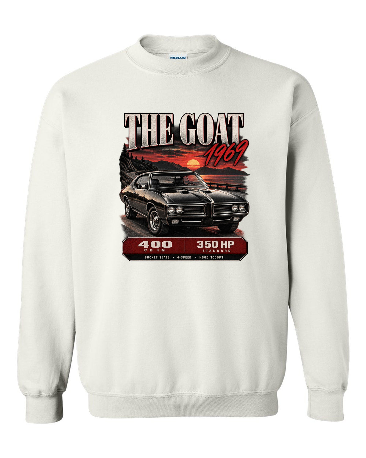 1969 Pontiac GTO archive panel print with 400 cu in spec callouts white crewneck front view with the design