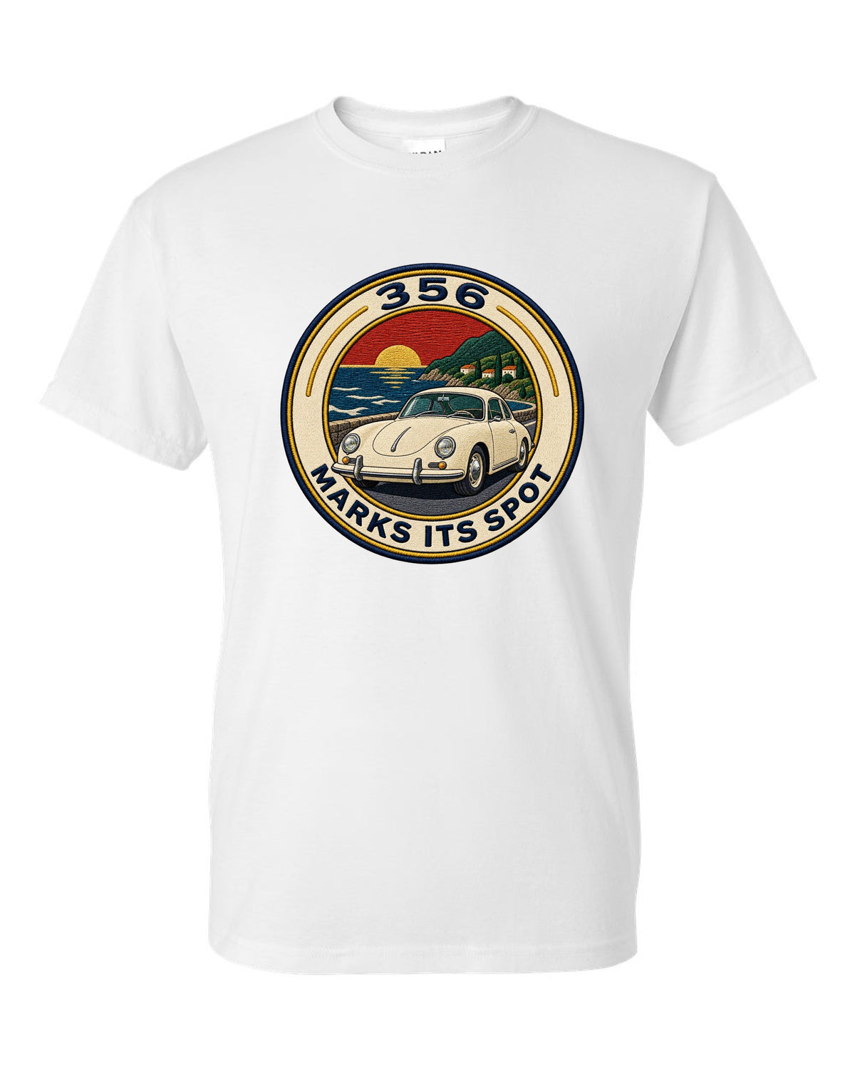 Round varsity crest style illustration of a Porsche 356 A white t-shirt front view with the design