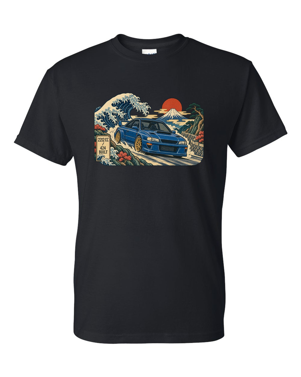 Ukiyo-e woodblock style Subaru Impreza 22B STI in front of a wave black t-shirt front view with the design