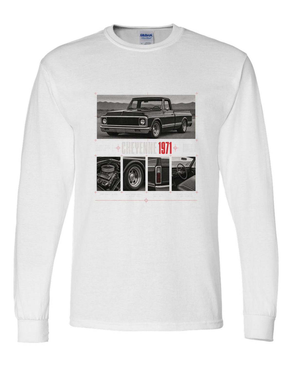 Dossier panel print of a 1971 Chevrolet C10 Cheyenne with 350 small block text white long sleeve front view with the design