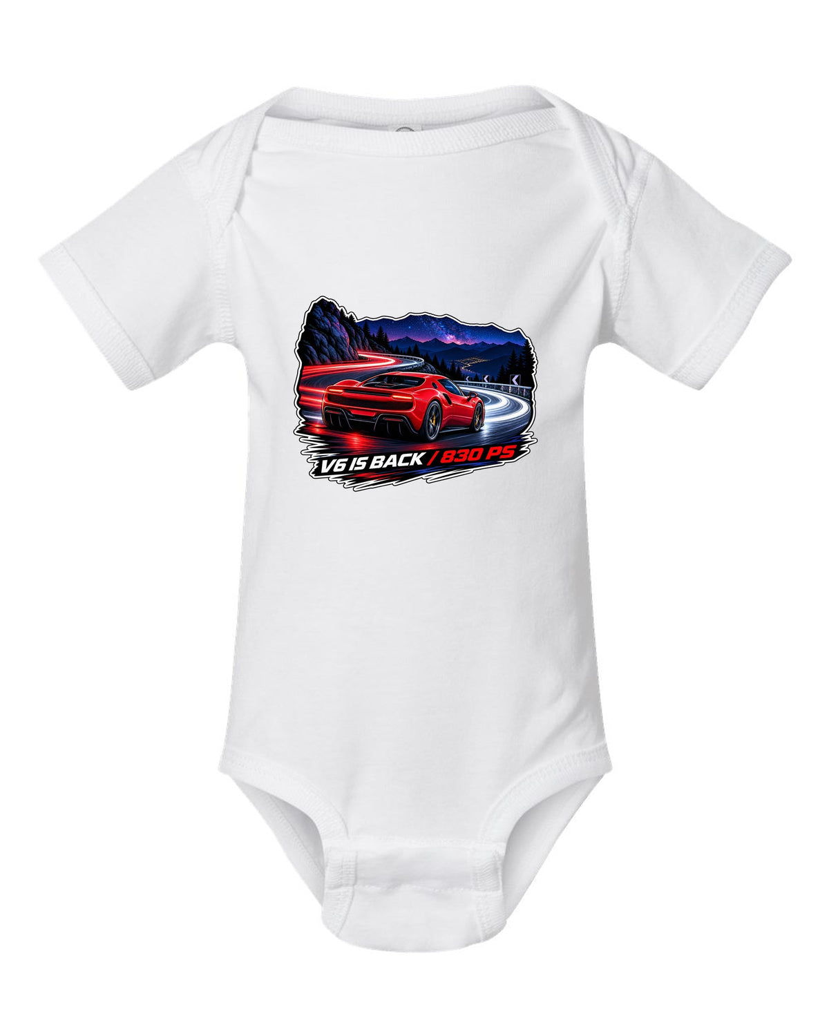 Long-exposure light trail print of the Ferrari 296 GTB with V6 is back text white baby onesie front view with the design