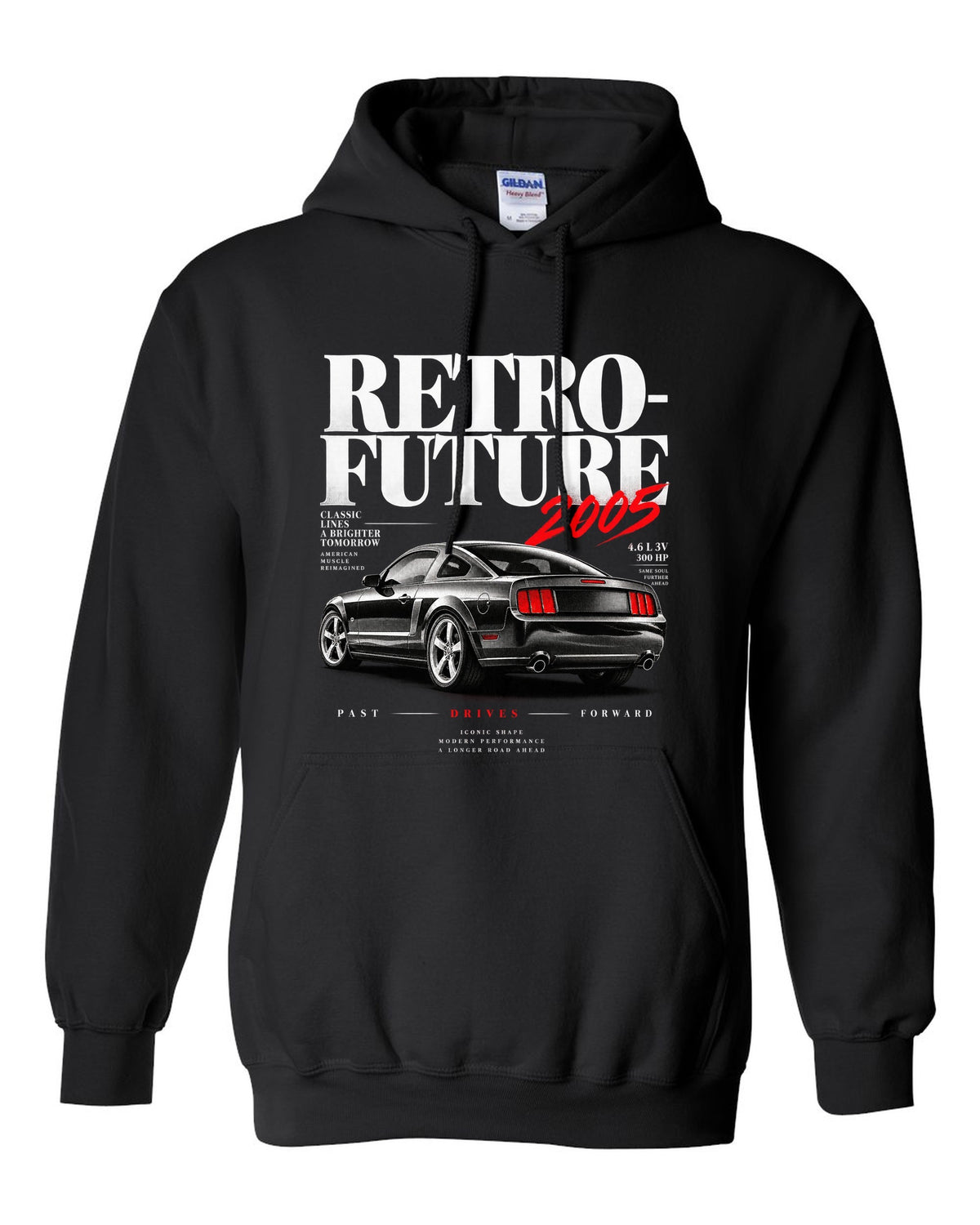 Editorial headline print of a 2005-09 Ford Mustang S197 GT black pull over hoodie front view with the design