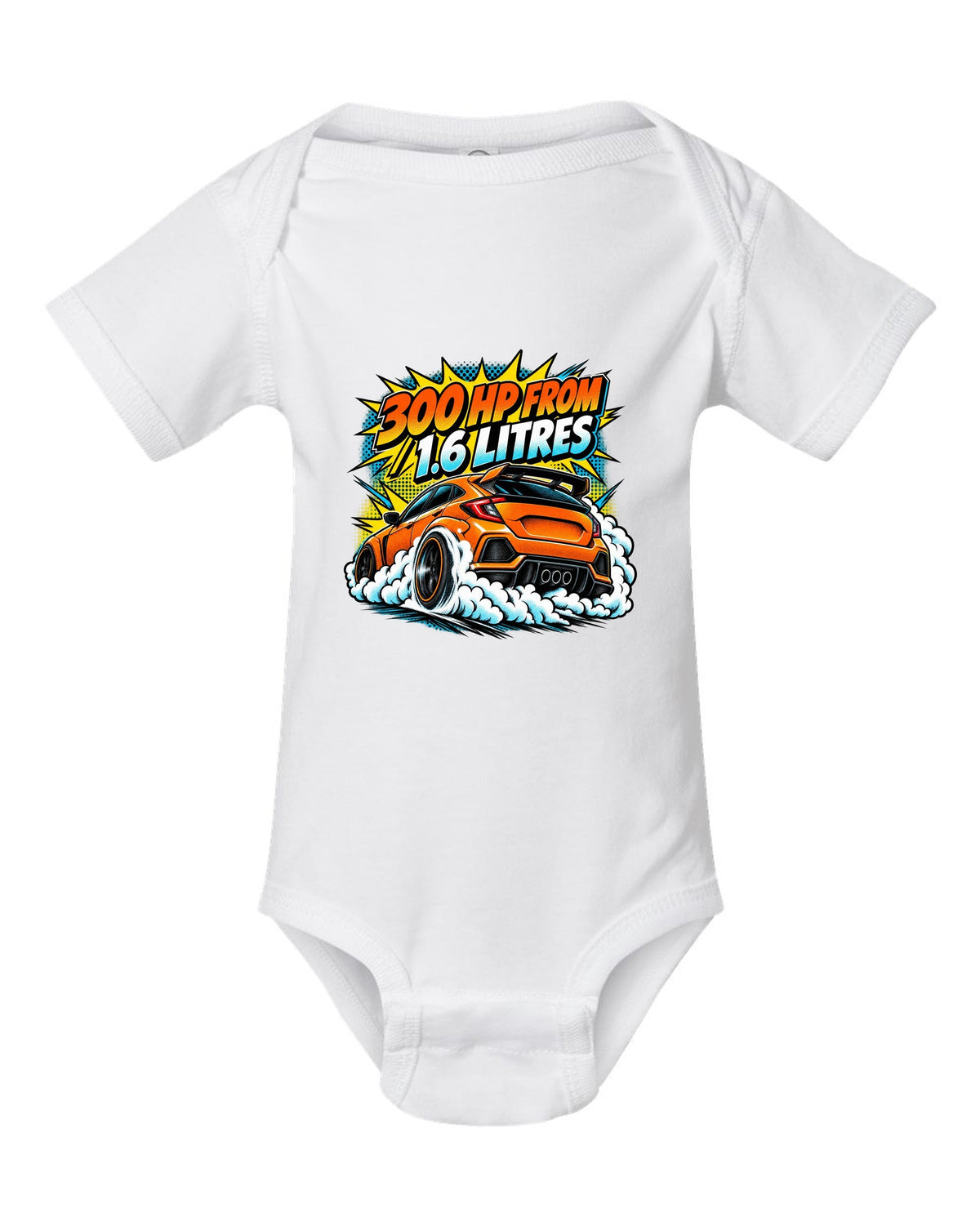 Comic halftone pop-art of a Toyota GR Corolla doing a burnout with 300 HP from 1.6 litres lettering white baby onesie front view with the design