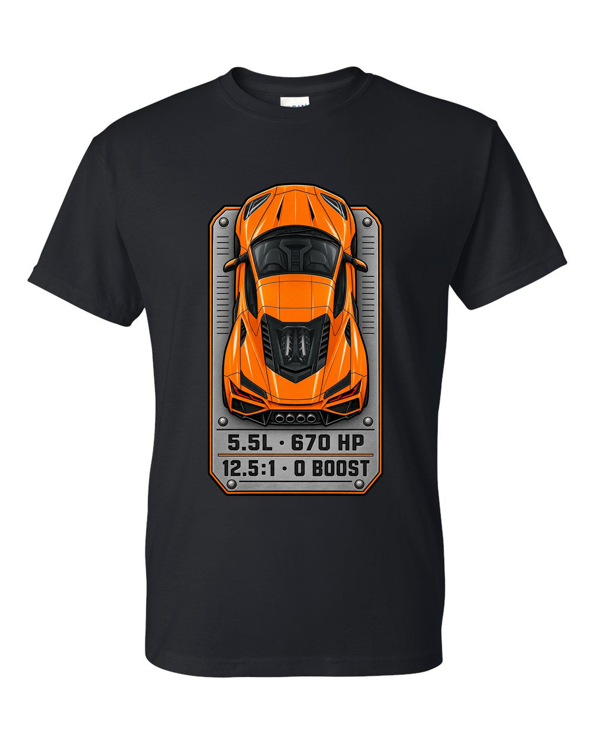 80s airbrush chrome style design of a 2025 C8 Corvette ZR1 black t-shirt front view with the design